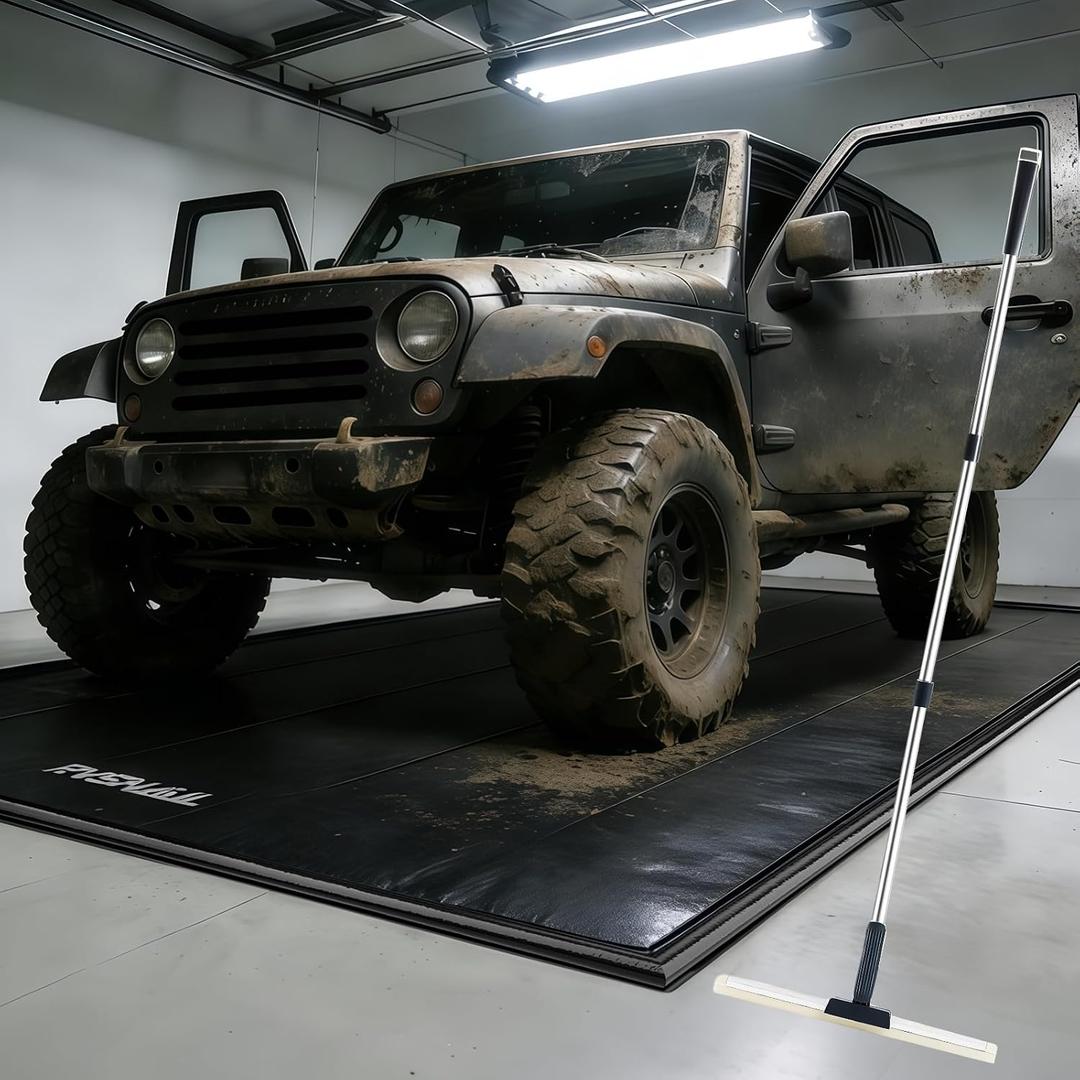 Garage Floor Mat, 8'6''x22' Heavy Duty 1.2inch Thick Containment Mats, Waterproof PVC Matwith High Elastic Sponge Column, Non-Slip Surface, Parking Mat with a Squeegee