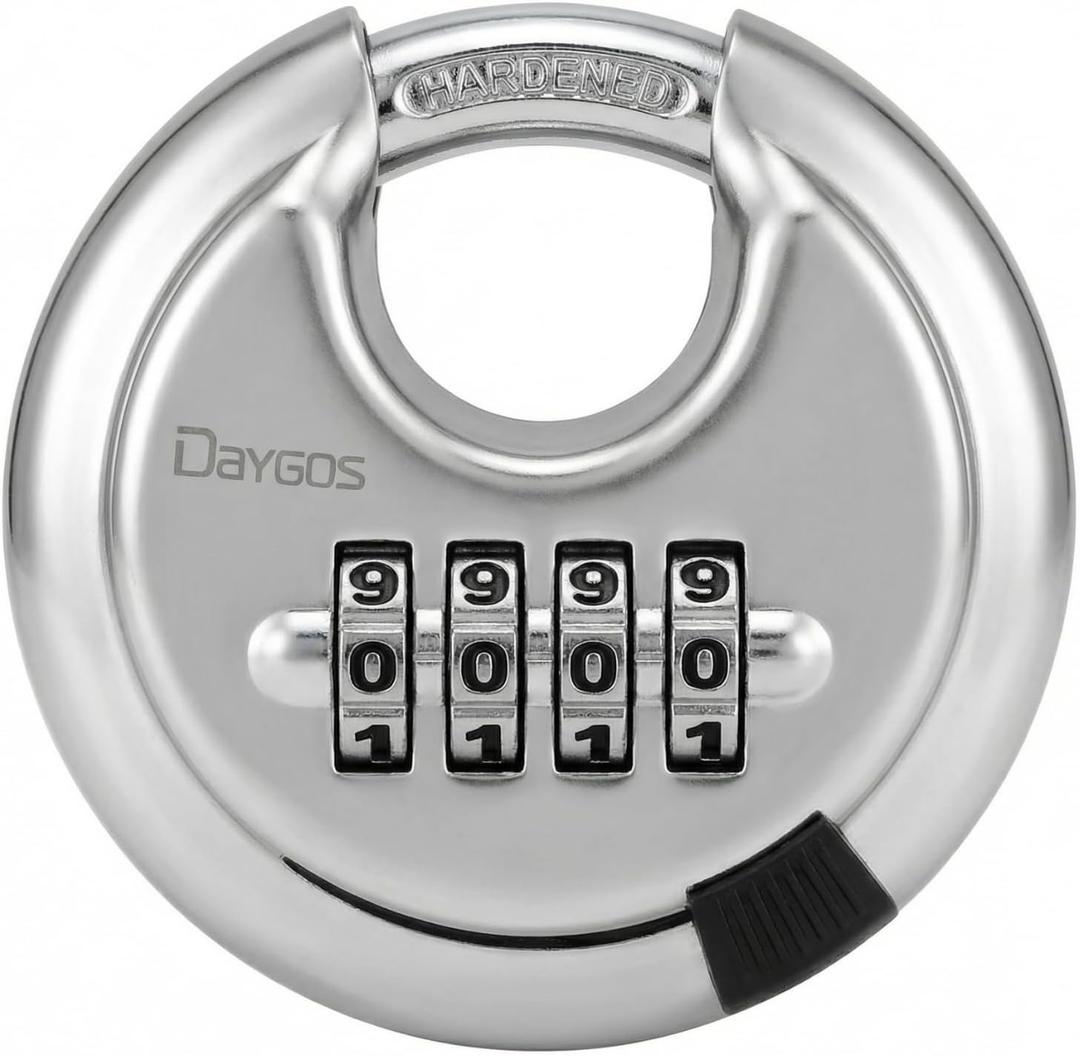 DAYGOS 4 Digit Combination Disc Padlock with Hardened Steel Keyless Heavy Duty Combo Lock for Sheds,Fence,Storage Unit,Trailer,Moving Cube(3/8-in Shackle) (Silver)