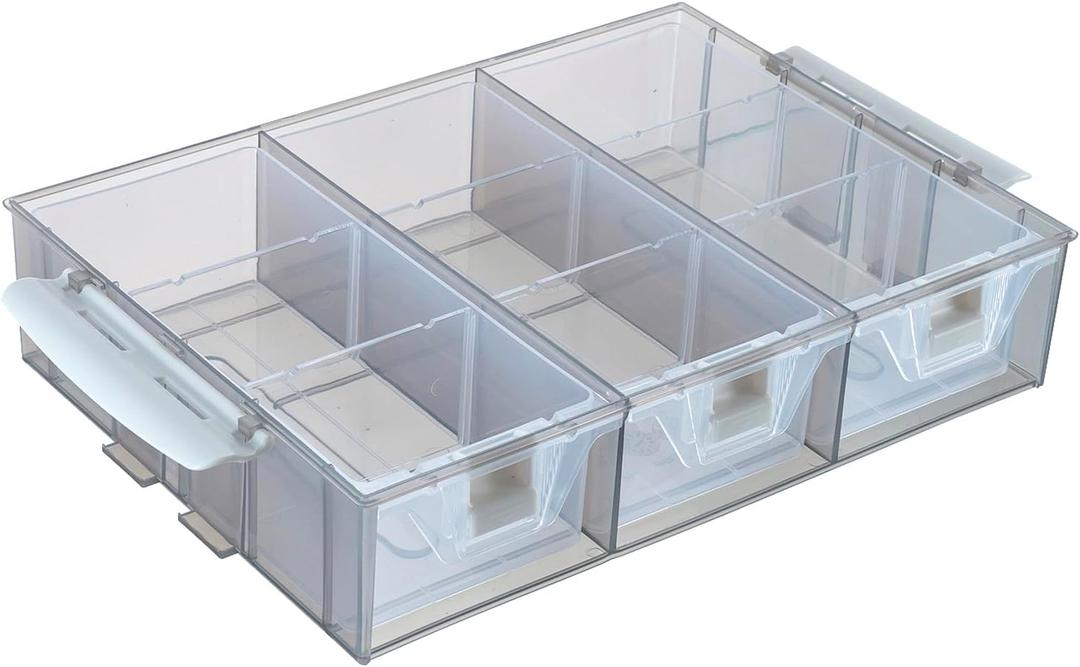 MyGift Single Stackable Tray, Add-on for 11 Inch Smoke Gray Transparent Arts & Crafts Storage Box, 9 Compartment Sewing Supplies Organizer with 3 Drawers and Removable Dividers