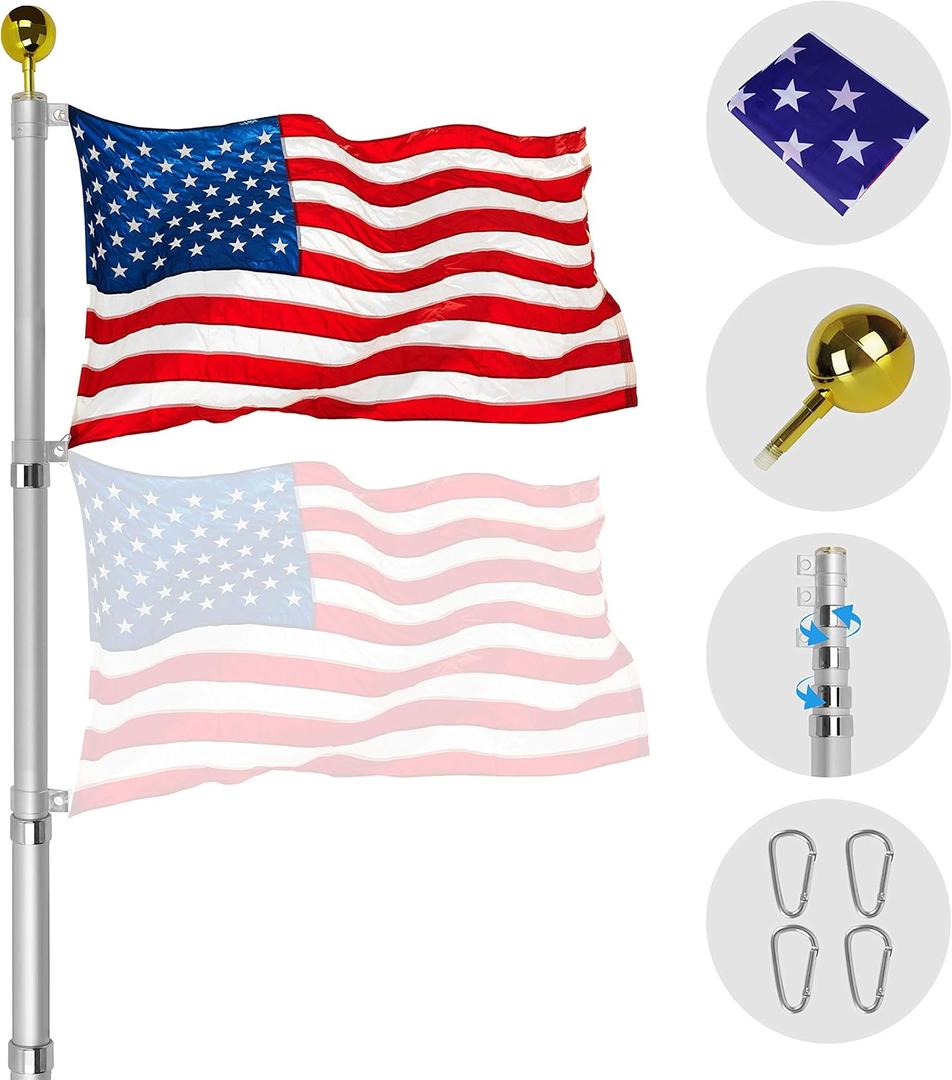 25ft Telescopic Aluminum Flagpole with U.S. Flag and Ball Top Kit Support Fly 2 Flag, Outdoor In Ground Heavy Duty American Flag Poles for Commercial or Residential, Silver