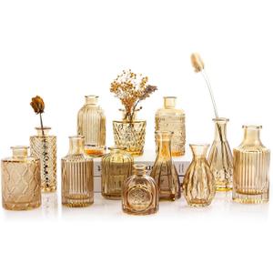 Gold Amber Glass Bud Vases Set of 12, Small Vases for Flowers, Champagne Mini Vintage Vases for Centerpieces, Bud Vase in Bulk for Wedding Decor, Single Flowers, Office and Home Table Flower Decor (12pcs-gold Amber)
