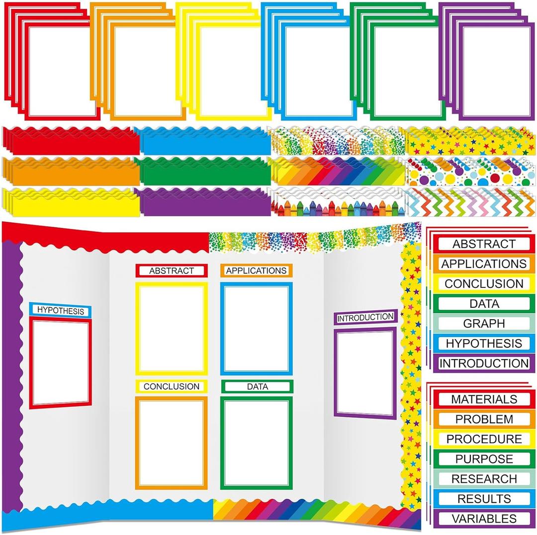 Fuyoooo 90 Pcs Science Fair Board Supplies 60 Trim Scalloped Bulletin Board Borders 24 Presentation Board Subtitles 6 Science Fair Titles for Classroom Display Boards (Rainbow)