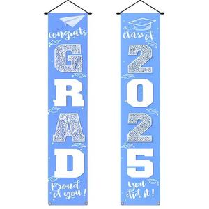 2 x BlissYard Graduation Decorations Graduation Banner 70x12 Inches Congrats Grad Banner Congrats Grad Class of 2025 with Graduation Caps and Stars Design for School Graduation Party Decor
