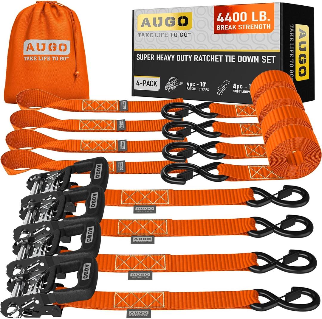 AUGO Heavy Duty Ratchet Straps & Soft Loops  Pack of 4 Extra Strong 1.5 by 10 Ratchet Straps w/S-Hook Safety Latches & 4 Soft Loop Tie Downs  4400Lb Break Strength for Motorcycles, ATVs, Etc. (Orange)