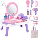Toddler Vanity Makeup Table Toy for Girls with Mirror Lights & Music, Pretend Play Beauty Salon Set with Hair Dryer, Comb & Accessories, Princess Vanity Playset Birthday Gifts for 2-6 Year Old Girls