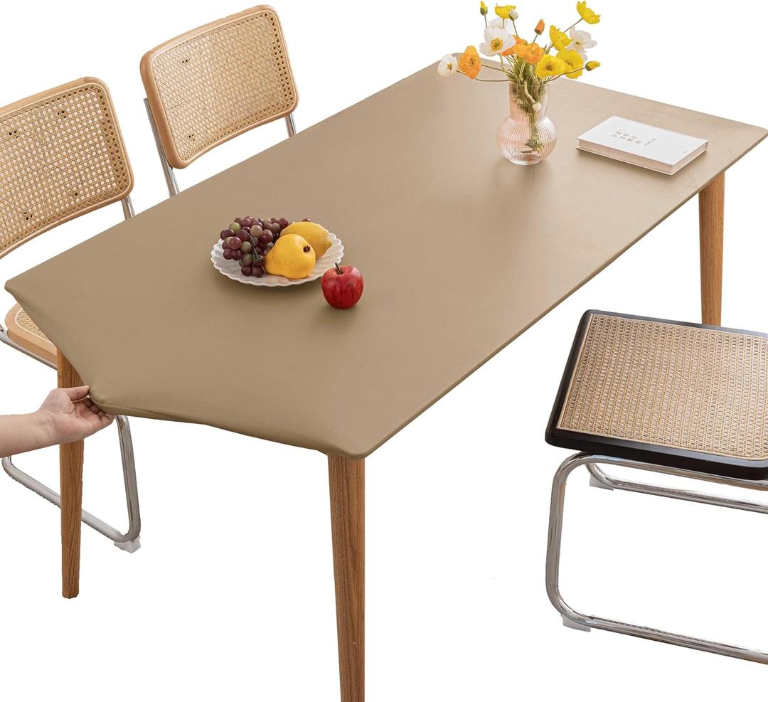 PU Stretch Fitted Rectangle Tablecloth with Elastic Edge 35 x 55 Inch Waterproof Oil Proof Table Cloth Wipeable Table Cover for Indoor Outdoor Furniture Protect (Cream Coffee,35"x55")