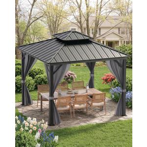 GarveeLife Hardtop Gazebo 8 ft x8 ft for All Weather, with Double Metal Roof, Aluminum Alloy Frame, Net, and Curtain, Permanent Building for Patio, Deck, Backyard, Lawn, and Garden (Gray)