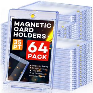 ZENOWICK 64ct Magnetic Card Holders, 35pt One Touch Card Holder, U-V Protection Hard Plastic Case for Trading Cards, Display Case for Sports, Baseball, Football, Game Cards