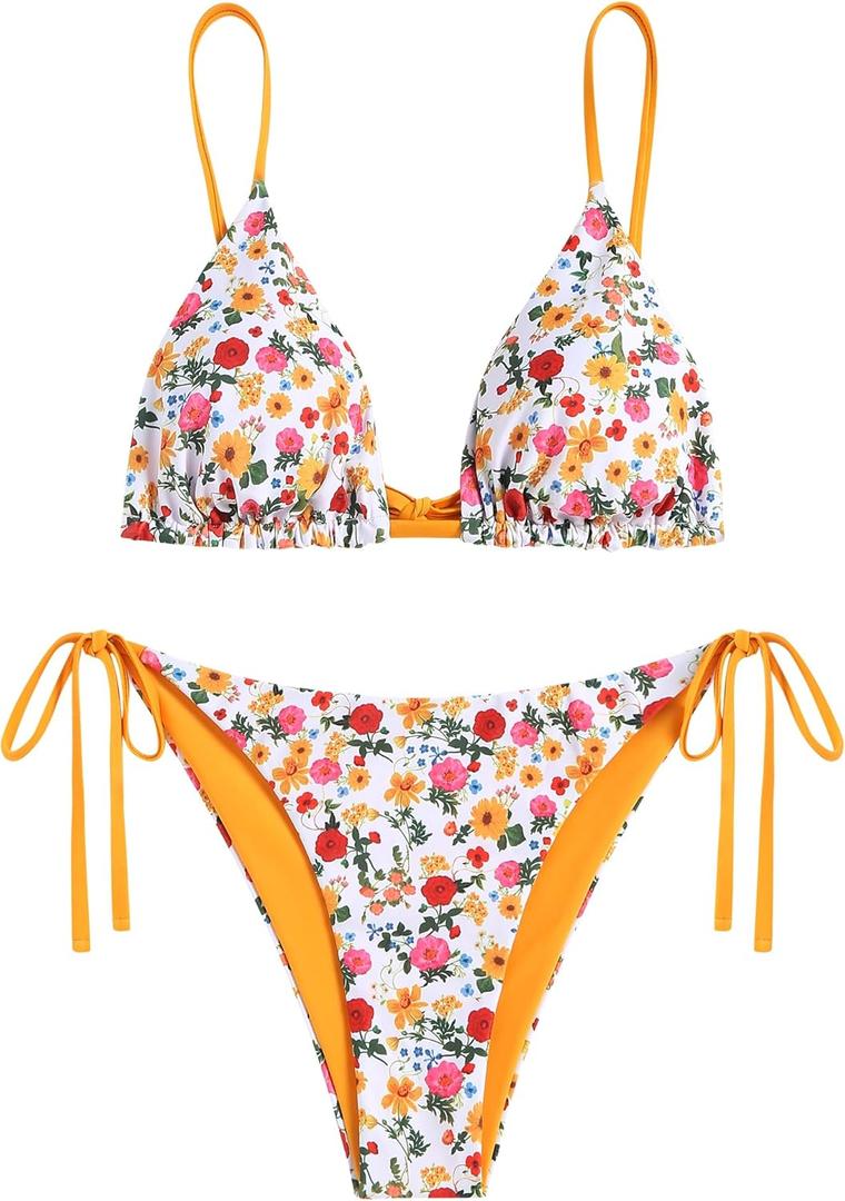 ZAFUL Women's Triangle Bikini Floral String Bikini Set Two Piece Swimsuit Bathing Suits (Large, 2-bright Yellow)