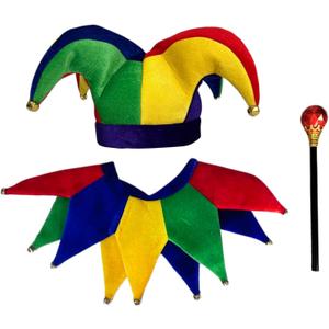 Jester Hat, Collar, and Wand Set - 3-Piece Costume for Adults - Hilarious Halloween and Party Accessory