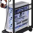 PC Stand, Computer Tower Stand with Charging Station, 16.9" W x 11.4" D x 27.6" H, Computer Cart with Wheels and Hooks, CPU Holder for Carpet, Floor and Under Desk, Easy Assembly, Black