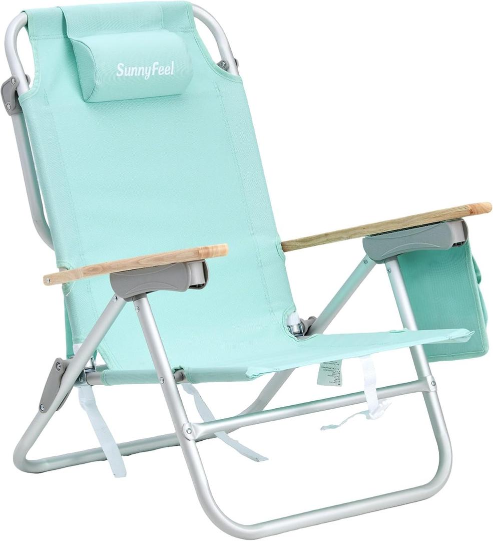 SUNNYFEEL Low Back Folding Beach Chair, Aluminum Heavy Duty Beach Chair with 5-Position, Portable Camping Chair for Adults with Wood Armrest, Lightweight Camping Chair 300lbs, Green, 2.165 ft x 2.165 ft x 2.69 ft