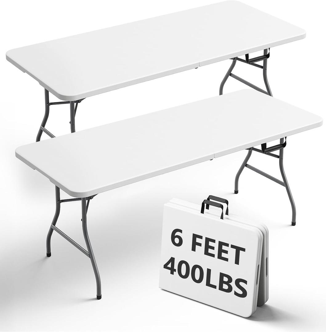 6FT Folding Table 2 Pack, Heavy Duty Plastic Table with Handel, 400 lbs Portable Table, Reinforced Steel Legs, Fold-in-Half Table Ideal for Parties, Picnics, Weddings, Camping White