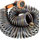 Garden Hose 25 ft Flexible Water Hose Coiled Water Pip Lightweight and No Kink for Coil Hose with 3/4'' Brass Connector 10 Pattern Nozzle (Grey+Orange)