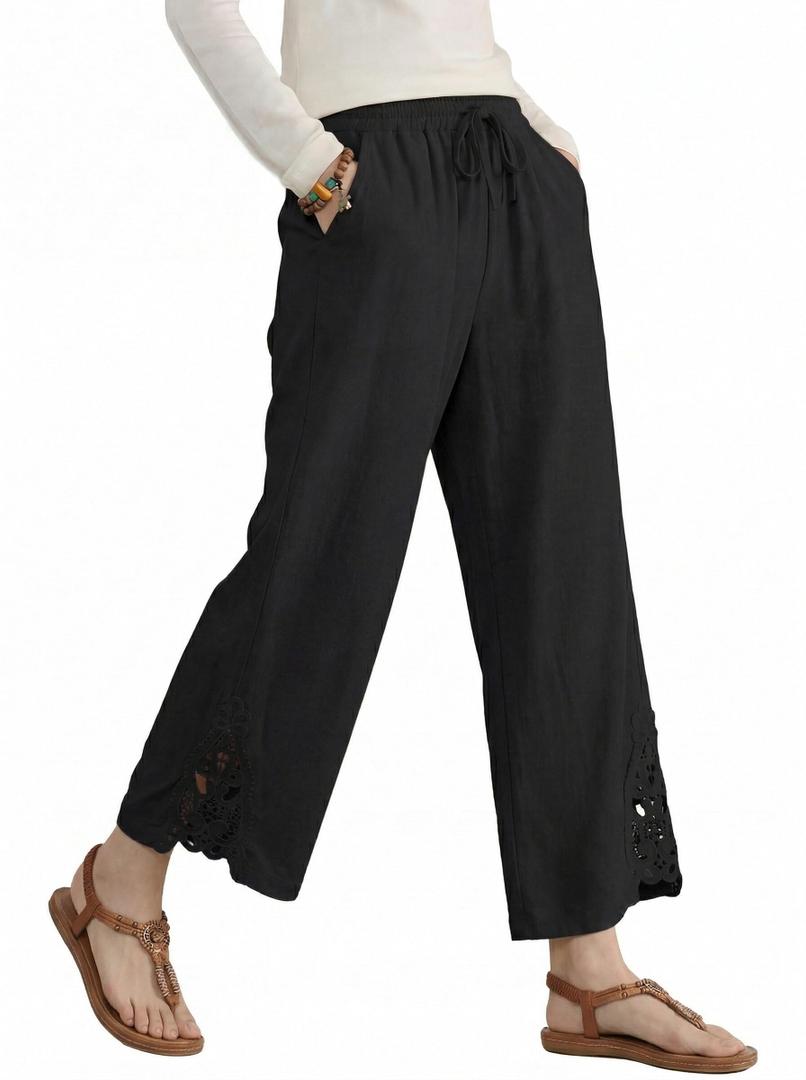 Women Casual Lightweight Drawstring Elastic Waist Pants with Pocket Linen Capri Pants Summer Beachwear 2XL