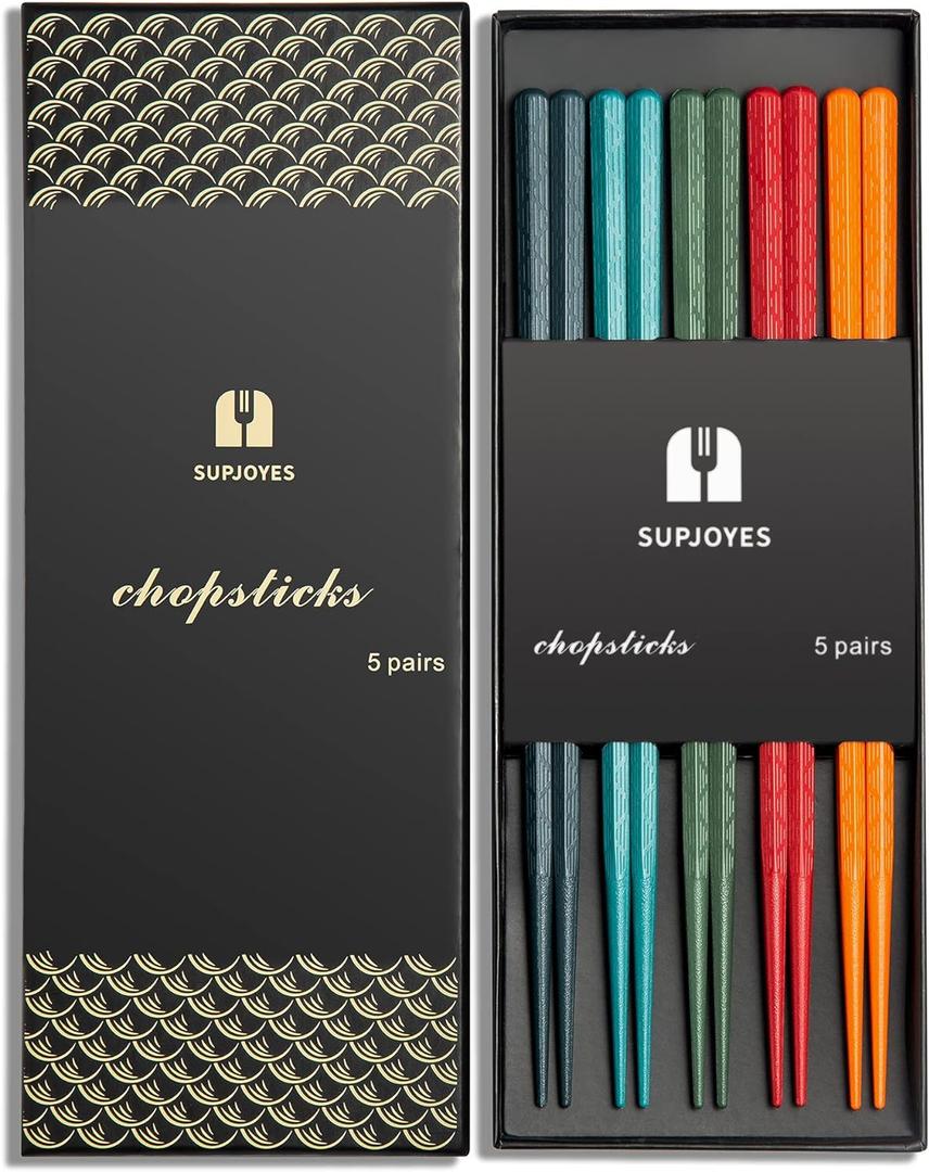 SUPJOYES 5-Pairs Colorful Reusable Chopsticks: Japanese Chinese Fiberglass Chopsticks Dishwasher Safe, Japanese Stick Gift Set with Gift Box, Non-Slip Chop Sticks