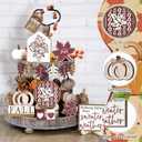 18 Pcs Fall Thanksgiving Tiered Tray Decor Set Maple Leaf Pumpkin Wood Sign Hello Fall Rustic Farmhouse Tray Decoration Tabletop Sign for Autumn Harvest Home Kitchen Festival(Leaf Pumpkin)