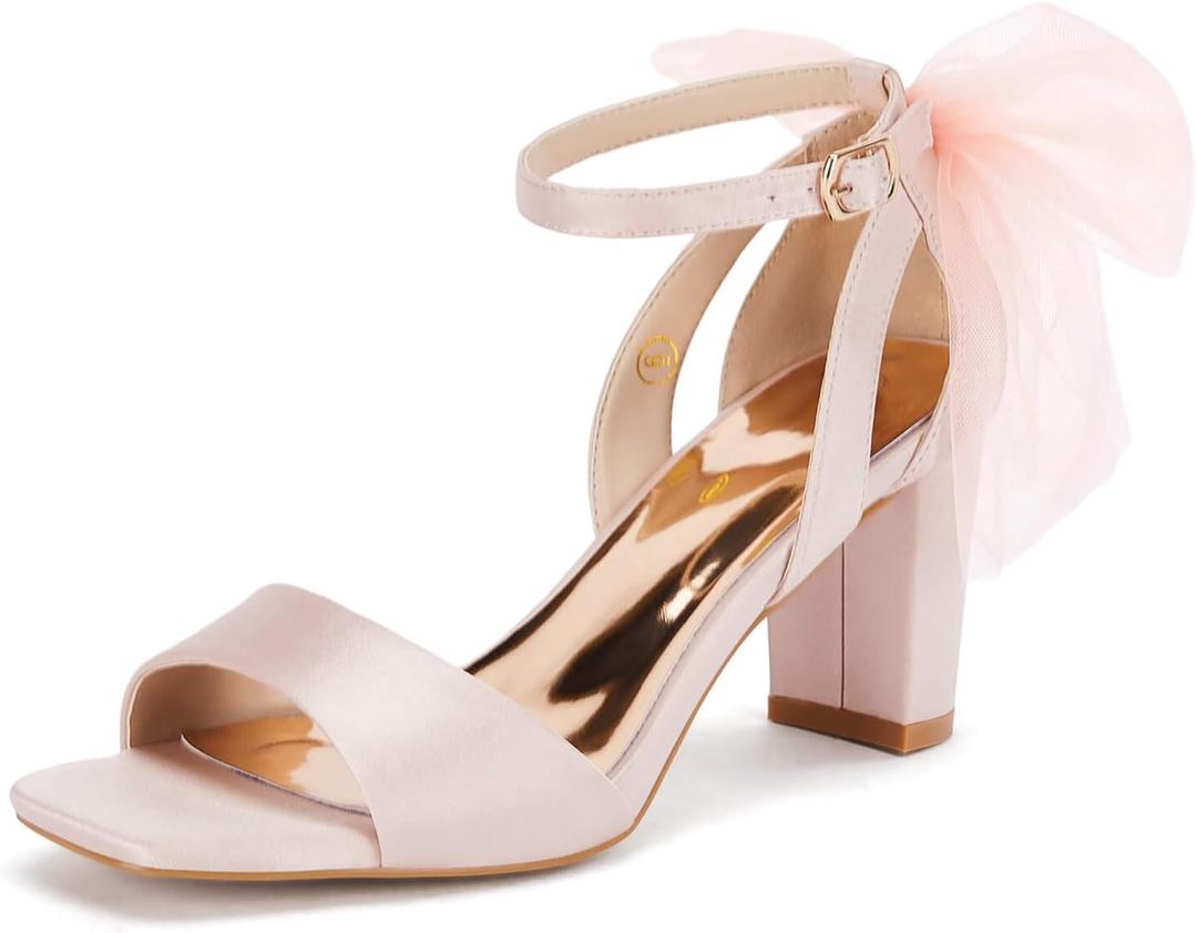 Coutgo Women's Bow Tie Heeled Sandals Chunky Heels One Strap Satin Ankle Buckle Dress Wedding Shoes, Pink, Size 8