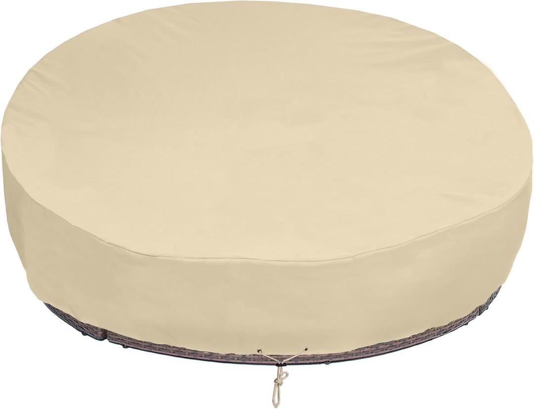 SunPatio Round Patio Daybed Cover 88 Inch, Heavy Duty Waterproof Outdoor Canopy Daybed Sofa Cover with Taped Seam, 85"L  88"W  35" /16"H, All Weather Protection, Beige