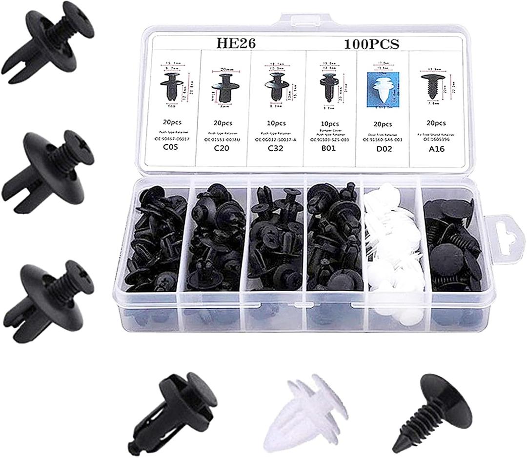 100PCS Car Bumper Retainer Clips, Automotive Body Trim Fixed Clip, Auto Door Panel Push Pin, Universal Vehicle Plastic Rivets Kit with Storage Box (100PCS)