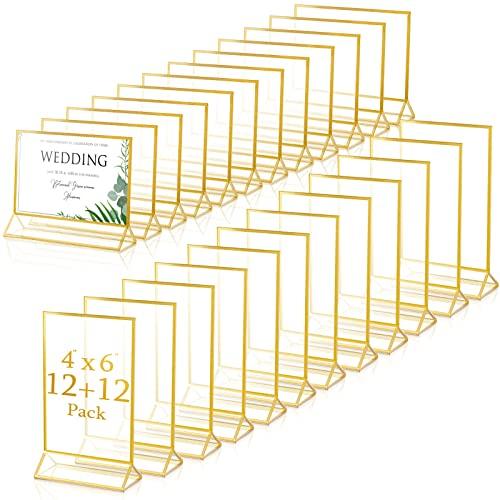 24 Pack Gold Picture Frames 4 x 6 Inch Clear Acrylic Sign Holders Double Sided Display Frames Bulk with Stand 2 mm Gold Border for Table Numbers Wedding Party (Horizontal, Vertical)
