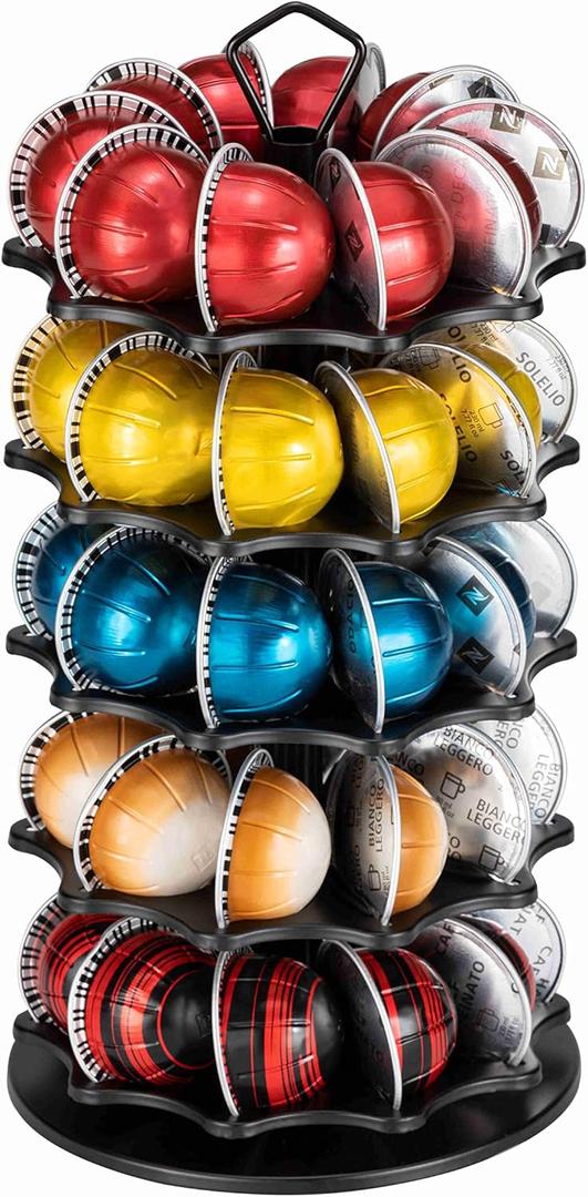 FlagShip 50 Vertuo Pods Carousel Holder Black Coffee Pod Holder 360 Rotating Rack Stand for Vertuoline Pods 5 Tier (50 Pods Capacity)