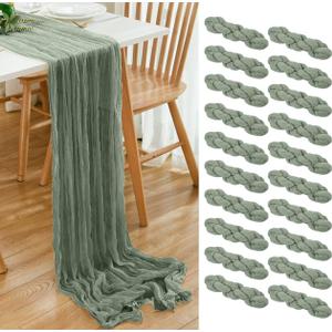 20 Pack Sage Green Cheesecloth Table Runner 17x108 Inch Boho Wrinkled Sheer Romantic Gauze Cheese Cloth Table Runner Bulk Decor for Wedding, Bridal Shower, Birthday Party