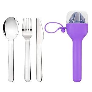 Sophico Travel Utensils Set for Camping and Kids Lunch Box, Stainless Steel Fork and Spoon, Knife Silverware Flatware Sets with Silicone Case - Portable & Leak-proof, Dishwasher Safe (Purple, 1 Set)