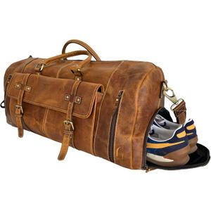 KomalC Leather Duffle Bags for Men and Women Travel Overnight Weekend sports bag holdall Gym Duffel for Men, 24 Inch