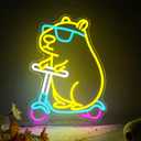 Cool Capybara Neon Sign, Dimmable Cute Animal with Shades on a Scooter, Lemon Yellow Capybara LED Lights for Wall Decor, Bedroom, Game Room, Kids Room, Birthday Party Decor, Teen Gifts