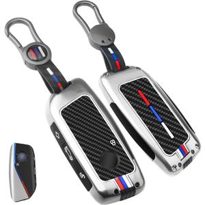 1Pcs Heavy Zinc Alloy Key Fob Cover for BMW 2023-2025, Full Protection Remote Keychain with Carbon Fiber Pattern Compatible with BMW New 5/7 Series X1 X5 x6 x7 XM IX IX3 I5 I7 740i 760i(Silver-CF)
