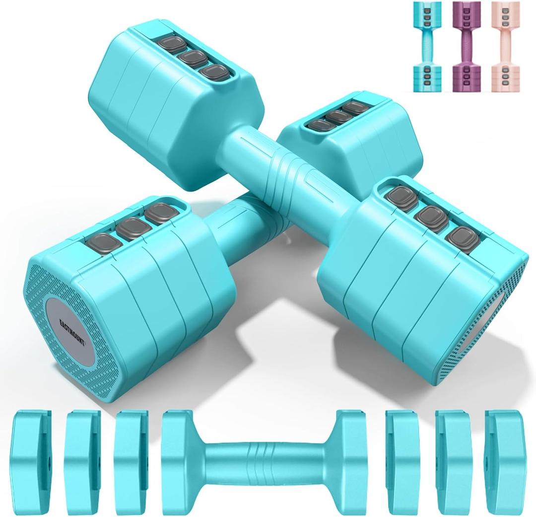 EAST MOUNT Adjustable Weight Dumbbells Set of 2, 8 in 1 Hand Weights for Women 2lb/3lb/4lb/5lb/6lb Dumbbell Weights Set 12 lbs/Pair Hand Weights for Home Office Gym Workout (Light Blue)