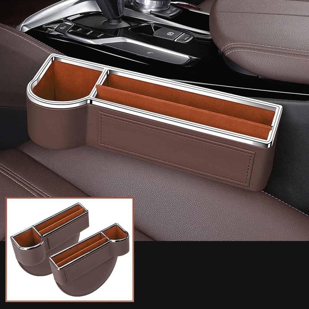 SANRILY 2 Pack Car Seat Gap Filler Organizer with Cup Holder Universal Fashion PU Leather Multifunctional Car Center Console Organizer with USB Hole Brown
