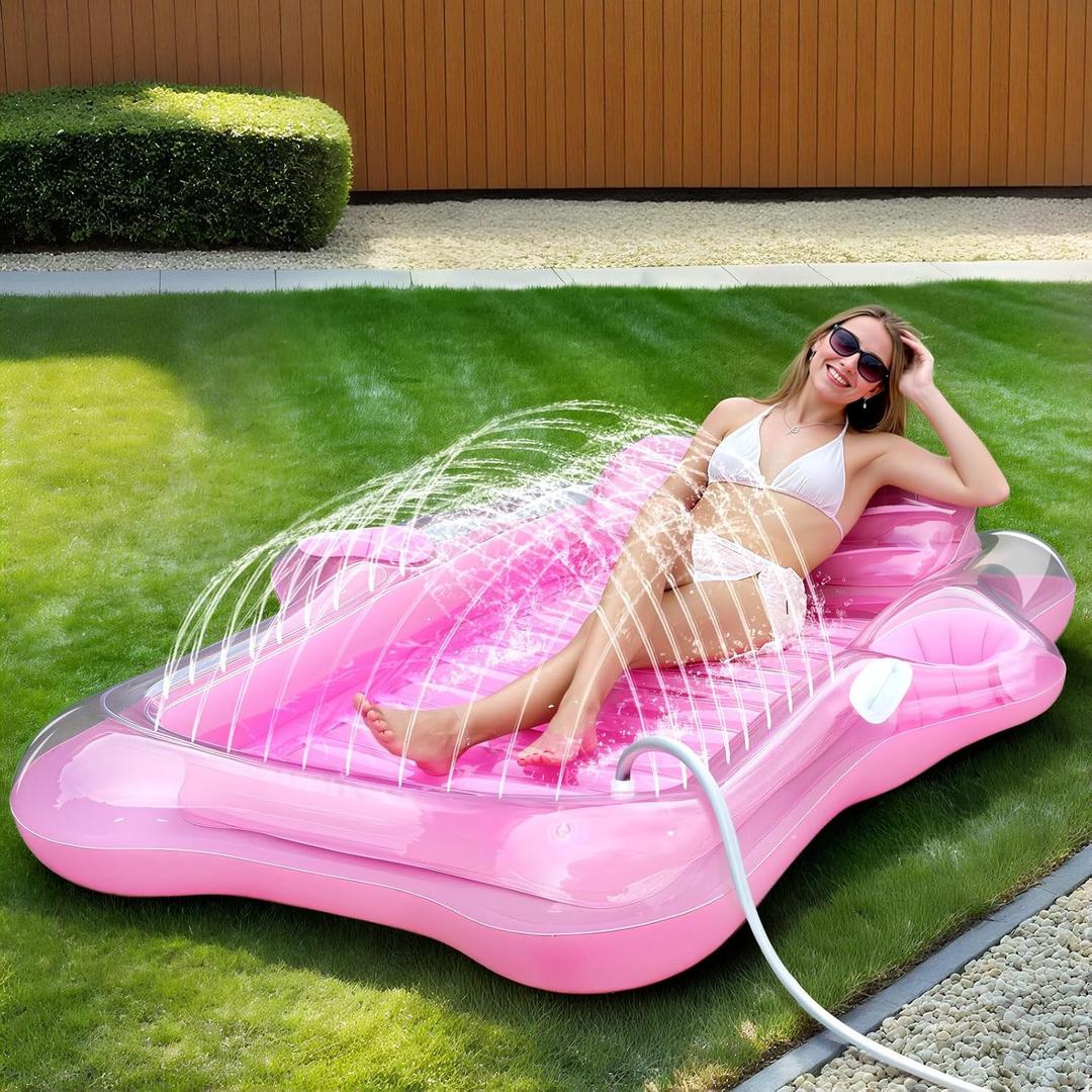 Inflatable Tanning Pool Lounger Float, 80" x 66"Pool Floats Adult with Automatic Spray Cooling, 5 in 1 Suntan Tub Raft Floatie, Sunbathing Bed Lounge for Pool Party Yard Tanning Summer Gift (Pink)