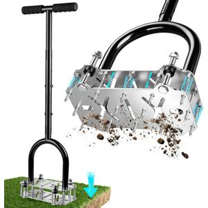 Lawn Core Aerator Tool, Manual Lawn Aerator Tool with Spring-Loaded Automatic Soil Ejection Loosener, Pre-Assembled Stainless Steel Spikes, Dual-Layer Design&Wide Foot Plate for Yard Garden Aeration