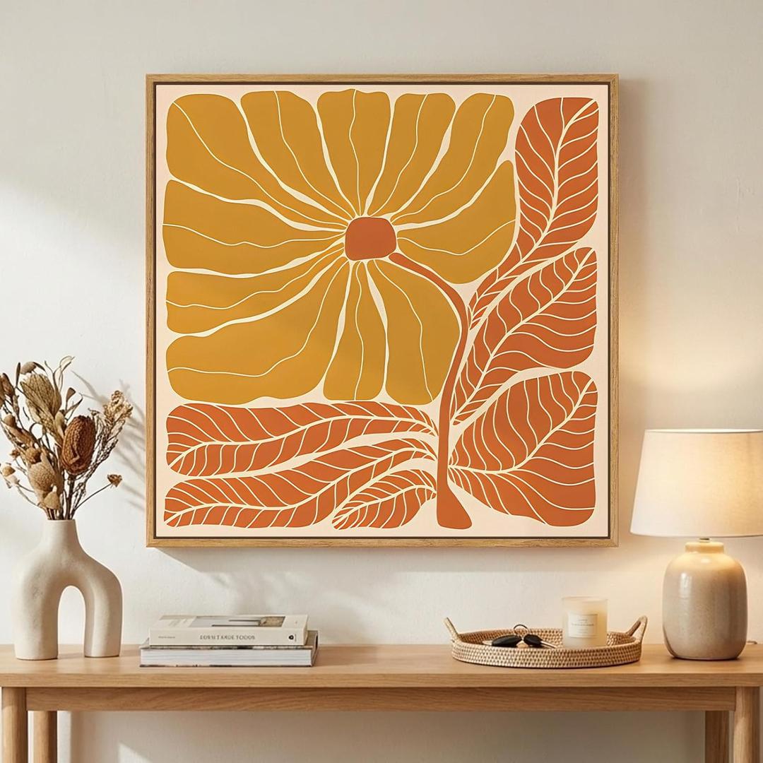 Framed Square Boho Abstract Floral Wall Art for Living room, Neutral Flower Watercolor Painting Print Canvas Artwork for Walls, Pastel Bohemian Botanical Wall Decor for Bedroom Home Office, 24x24 Inch
