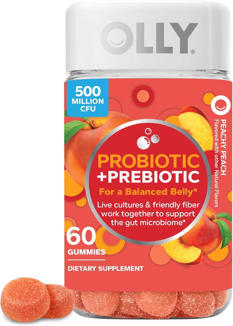 OLLY Probiotic + Prebiotic Gummy, Digestive Support and Gut Health, 500 Million CFUs, Fiber, Adult Chewable Supplement for Men and Women, Peach, 60 Day Supply - 60 Count, 

BBD: 12 Aug 2026