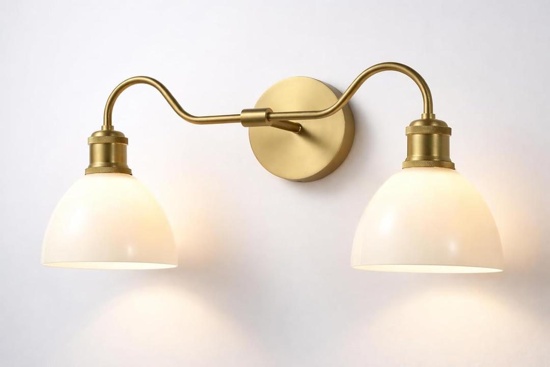 2 Light Milk Glass Bathroom Vanity Light in Brushed Gold Finish - Brushed Gold Vanity Light for bathrooms (Bulb Included)