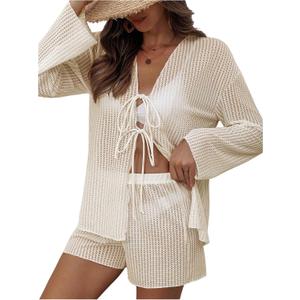 SHENHE Women's 2 Piece Swim Cover Up Set Tie Front Long Sleeve Kimono Cardigan and Shorts Beach Coverups (Beige, S)