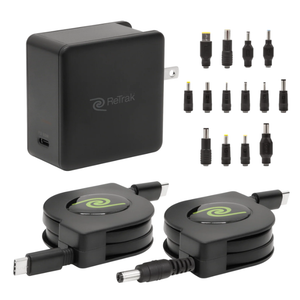 ReTrak 65W Retractable Universal USB-C Laptop Charger with 14 Adapter Tips 