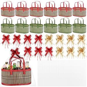 Reallnaive 11 Set Christmas Baskets for Gifts Empty Woven Bamboo Gift Basket with Handle and Gift Wrap Bag Ribbon Red Green Decorative Gifts Basket to Fill for Xmas Thanksgiving Birthday Mother's Day