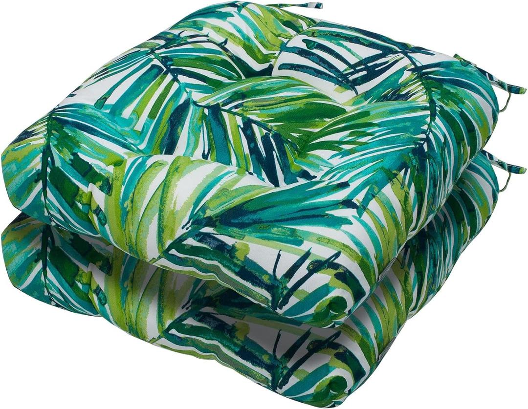 Magpie Fabrics 19"x19" Tufted Seat Cushion 2 Pack, U-Shaped Patio Cushions with Ties, Outdoor/Indoor Chair Pads Waterproof for Dining Garden Balcony Office - Green Palm Leaves
