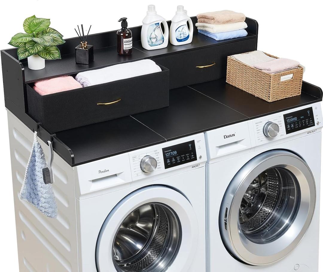 VEVOR 2 Drawers Washer Dryer Countertop with Shelf, 54" x 27" Wooden Laundry Countertop with 2 Hooks & Splicing Panels, Washer and Dryer Topper, Laundry Room Organization and Storage, Black, 2 Tier With Drawers
