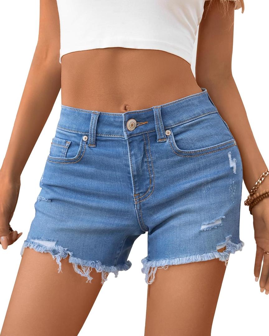 OFLUCK Jean Shorts for Womens Mid Rise Ripped Denim Summer Shorts (Blue)