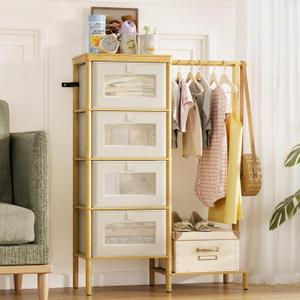 Atoping Bamboo Dresser with Hanging Rack, 4-Drawer Small Closet Organizer for Bedroom, Tall Storage Tower with Clothes Rack, Natural Wood 41.4" H x 31.3" Wâ€“Space-Saving Design, Easy Assembly