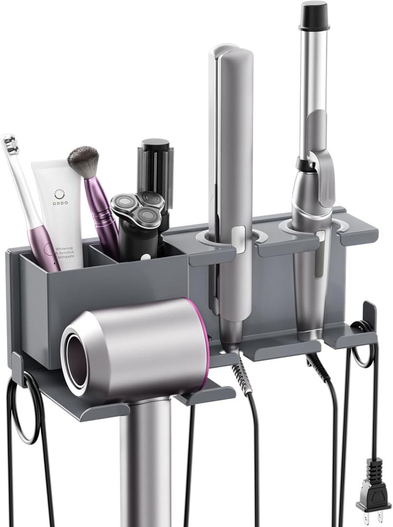 YSD Hair Dryer Holder Wall Mounted, Metal Hair Tools Organizer, Hair Dryer Holder for Blow Dryer, Curling Iron, Straightener, 3 in 1 Bathroom Hair Tool Organizer, Grey (Standard, Gray)