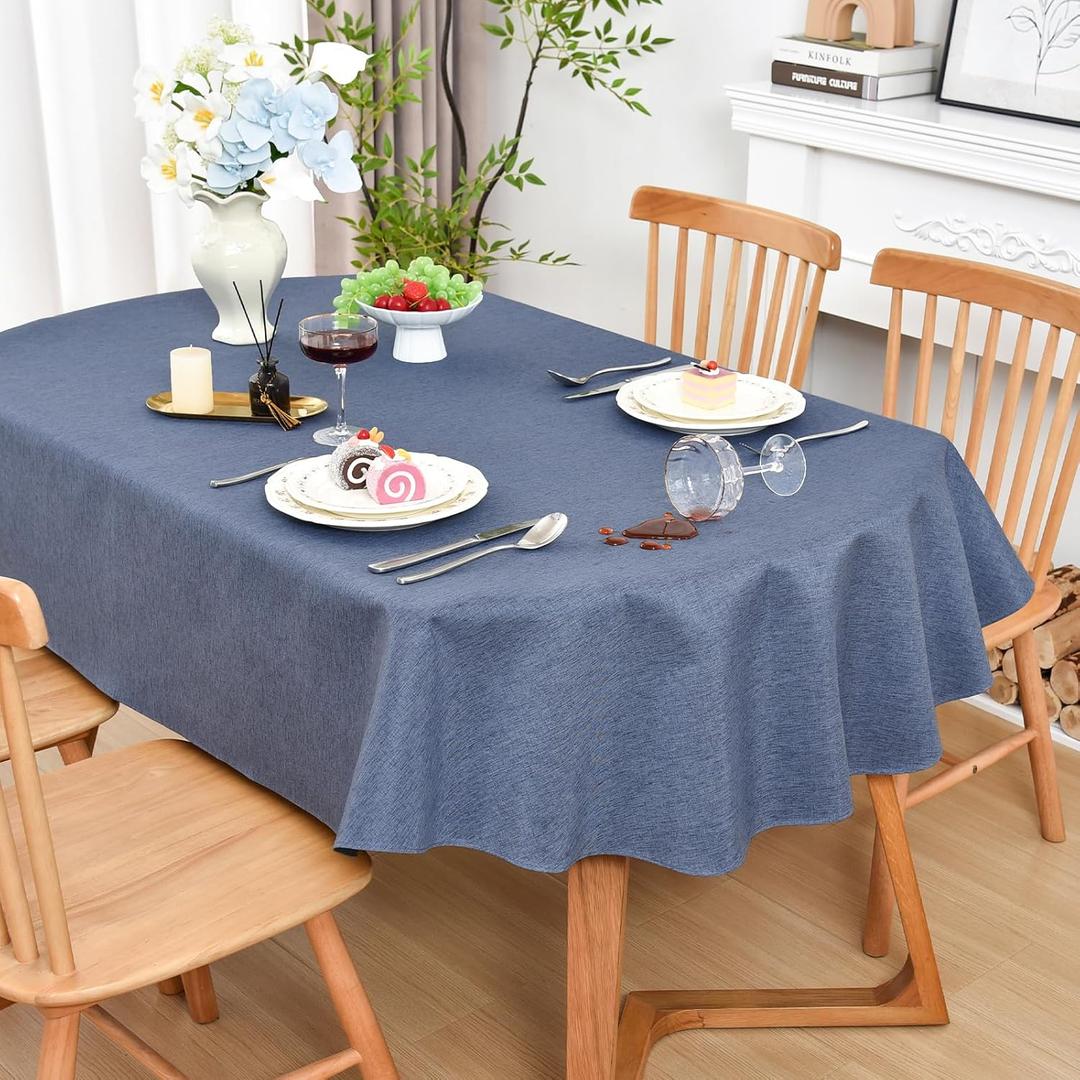 Wolkemer Farmhouse Faux Linen Oval Tablecloth 60 x 84 Inch - Water Resistant Table Cloth Washable Wipeable Table Cover for Home Kitchen Dining Wedding Party Banquet (Mist Blue)