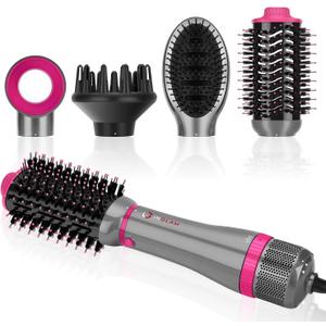 IG INGLAM 4 in 1 Blowout Brush, Negative Ion Detachable Hair Dryer & Styler Volumizer Hot Air Brush with 2 Styling Brush Heads, Silver