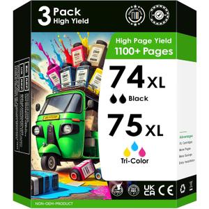 Compatible Ink Cartridge Replacement for HP 74/75XL. Works with Officejet J6480 J5780, Deskjet D4260 D4360 Photosmart C4280 C5280 C4480 Printers. 3 Pack (2 Black, Tri-Color)