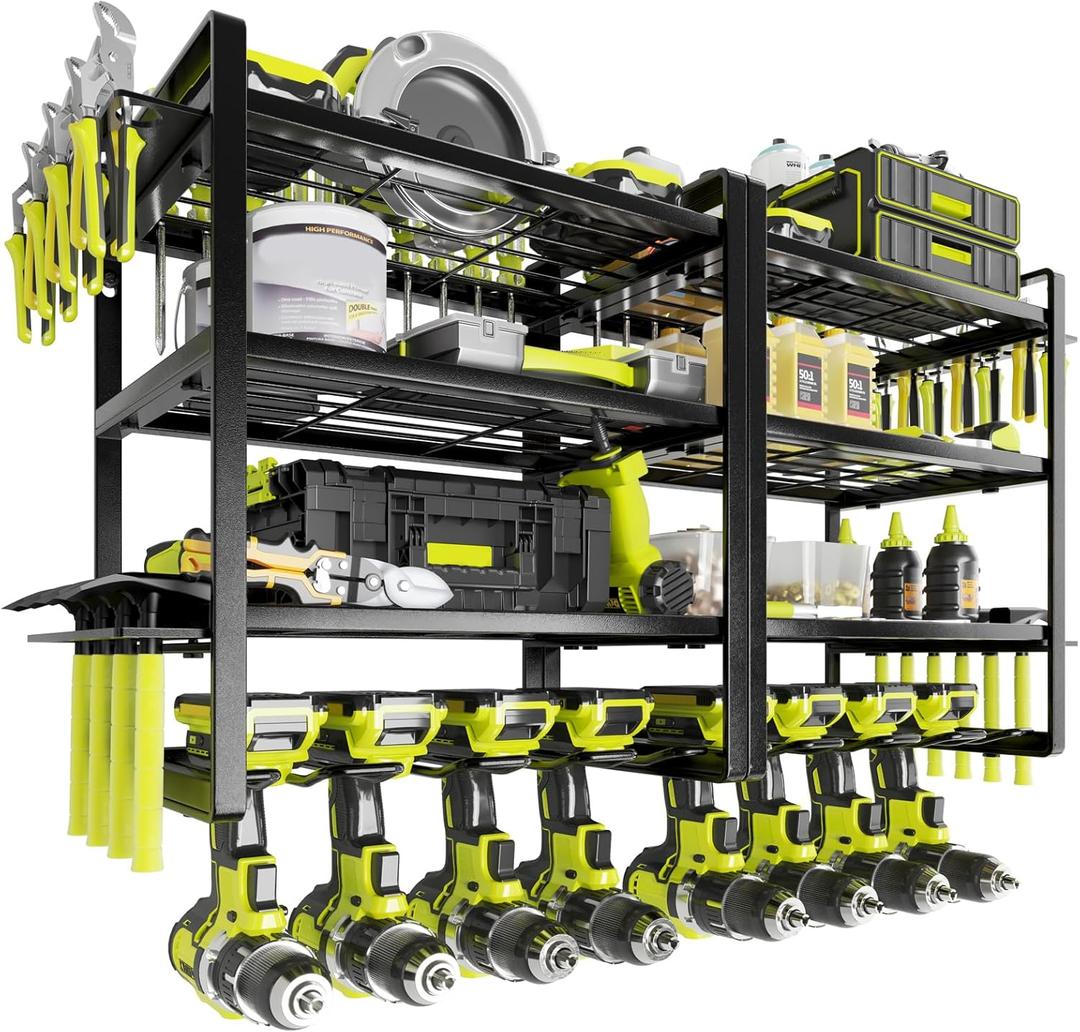 KAFAHOM Power Tool Organizer Wall Mount, 4-Tier Drill Holder for Cordless Tools, 2-Pack Set, Garage Storage Rack with Side Hooks for Hammers & Pliers, Tool Organizer for Workshop/Utility Room